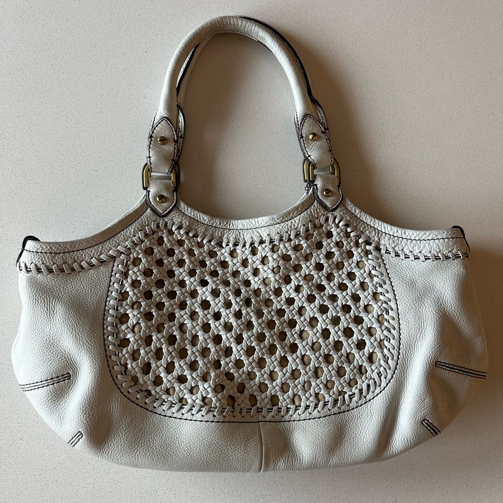 Cole Haan Light Gray Cream Leather Woven Leather Handbag